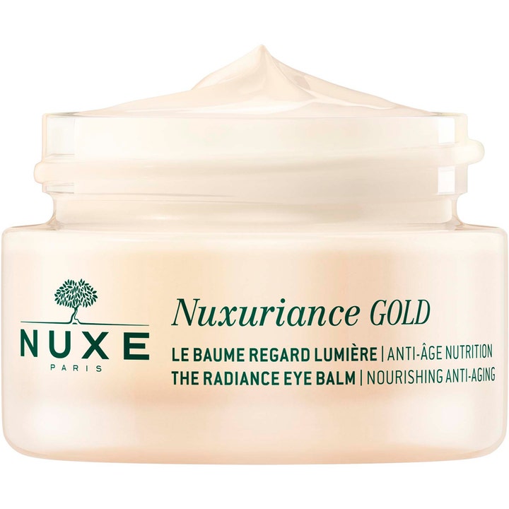 Nuxe Nuxuriance Gold 15 ml nærende anti-age øjencreme i åben glaskrukke med en rig og cremet tekstur