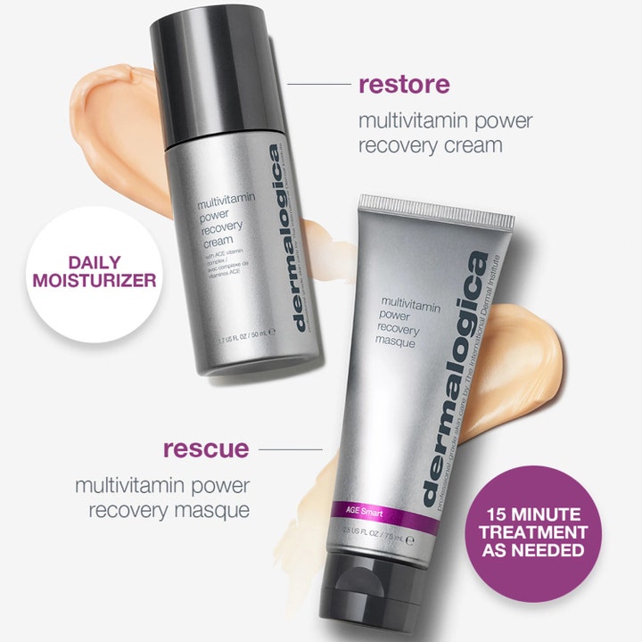 Dermalogica Stressed Skin Recovery System med creme og maske i sølvgrå tuber ved siden af cremet tekstur.