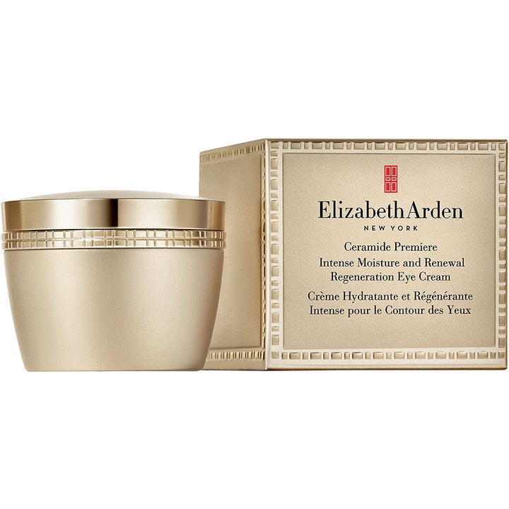 Elizabeth Arden Ceramide Premiere Regeneration Eye Cream fugtgivende øjencreme i luksuriøs guldfarvet krukke og æske.