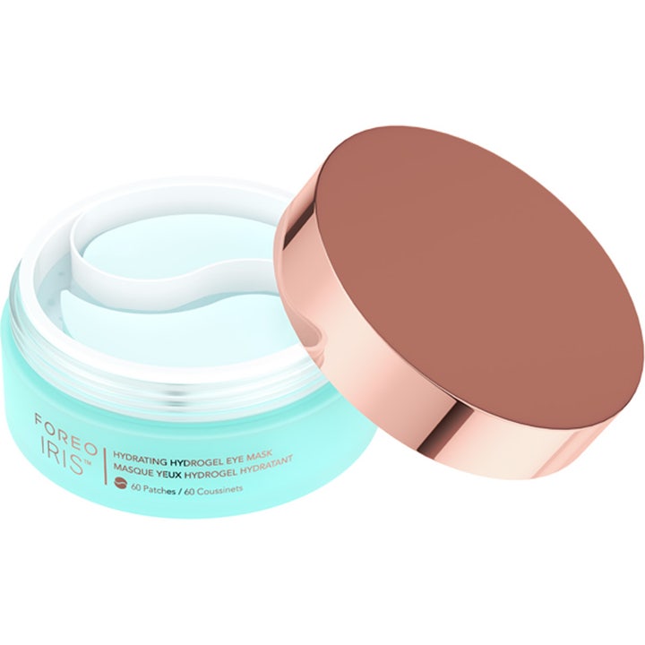 FOREO IRIS Hydrating Hydrogel Eye Mask 60 g fugtgivende øjenmasker i lyseblå krukke med elegant rosaguld låg