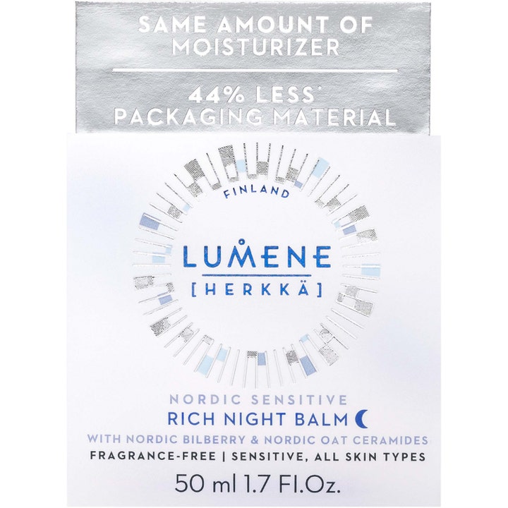 Lumene Nordic Sensitive Rich Night Balm 50 ml fugtgivende natcreme i hvid emballage med sølvdetaljer