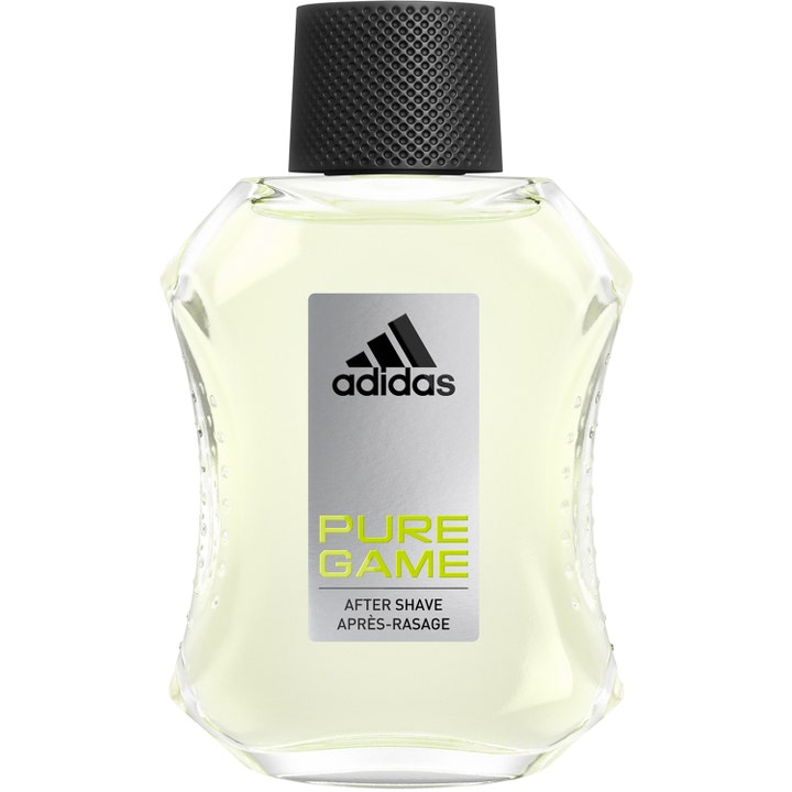 Adidas Pure Game 100 ml after shave opfrisker huden i en klar glasflaske med neongul tekst og sort nupret låg