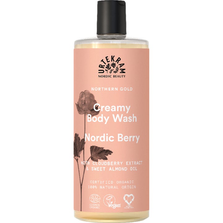 Urtekram Nordic Berry Creamy Body Wash 200ml plejende kropsvask i klar flaske med ferskenfarvet etiket og sort låg