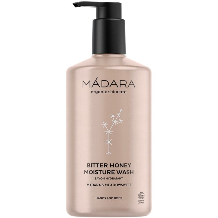 Mádara Bitter Honey Moisture Wash 300ml fugtgivende vask til hænder og krop i perlemorsfarvet rose guld flaske