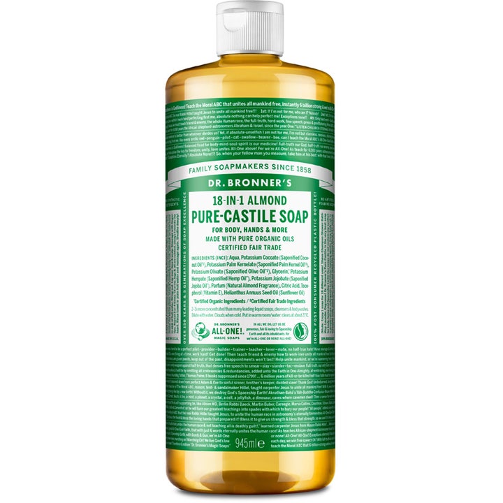Dr. Bronner's Almond Pure-Castile Soap 945ml flydende universalsæbe i stor amberfarvet plastflaske med grøn etiket