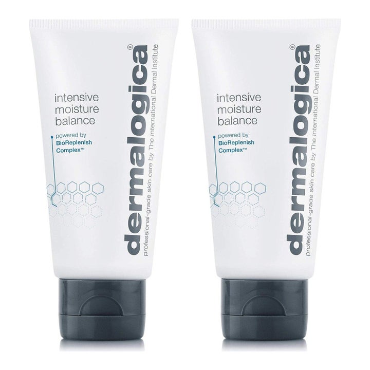 Dermalogica Intensive Moisture Balance Duo nærende ansigtscreme i to hvide tuber med mørkegrå låg
