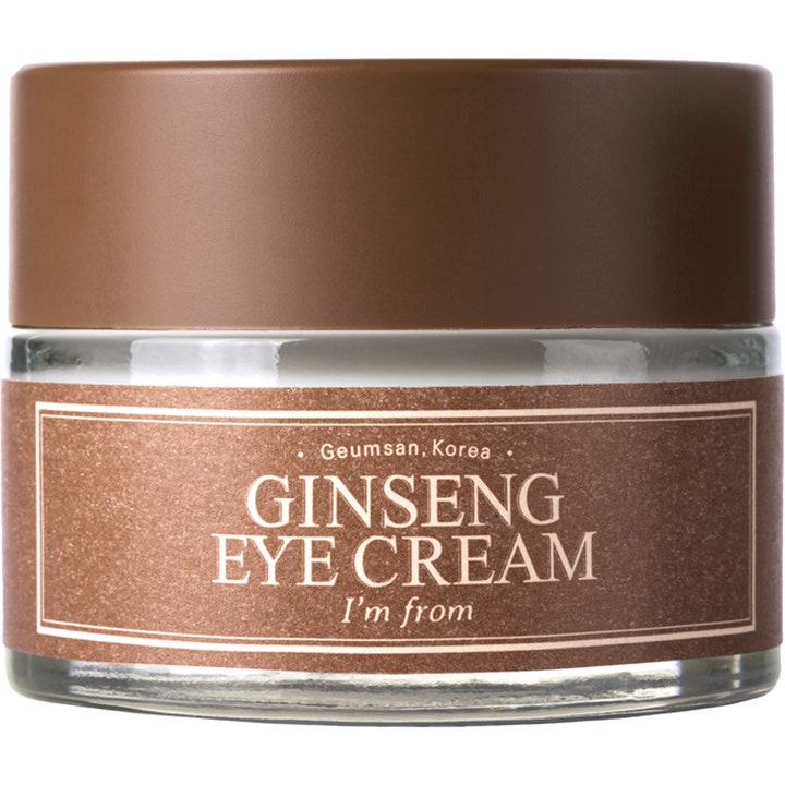 I'm from Ginseng Eye Cream 30g opstrammende øjencreme i en gennemsigtig glaskrukke med brunt låg og brun etiket