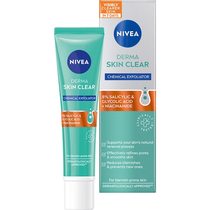 Nivea Derma Skin Clear Chemical Exfoliator 40ml mod urenheder i turkis tube og æske med salicylsyre og niacinamid