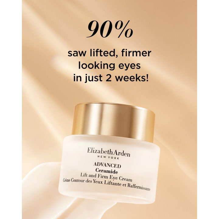 Elizabeth Arden Ceramide Lift & Firm Eye Cream 15 ml i krukke med tekst om 90% fastere hud på 2 uger.