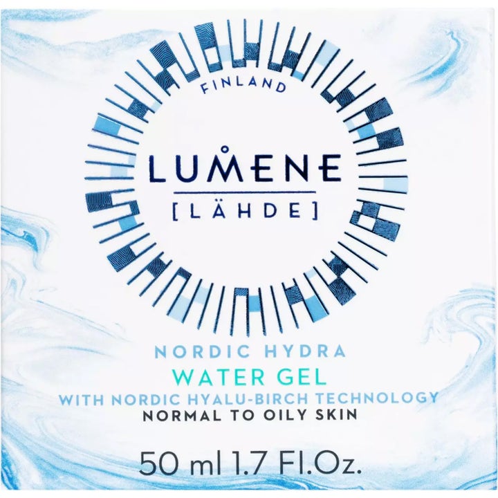 Lumene Nordic Hydra Water Gel 50 ml fugtgivende dagcreme i hvid og blå æske med cirkulært grafisk mønster