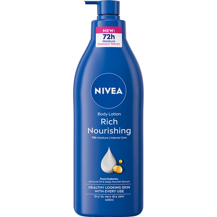 Nivea Rich Nourishing Body Lotion 400ml fugtgivende hudpleje i blå pumpeflaske med dråber af mandelolie