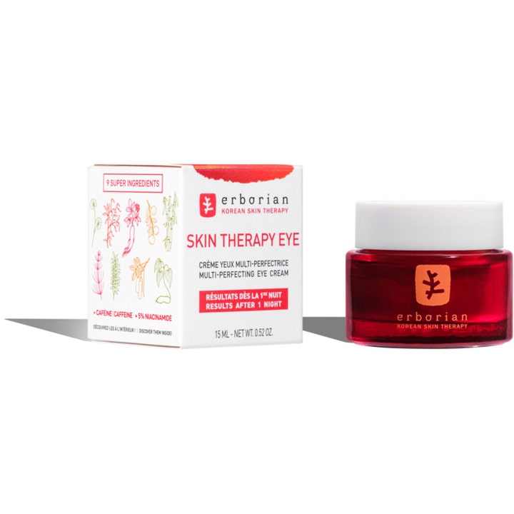 Erborian Skin Therapy Eye 15 ml øjencreme med koffein og niacinamid i rød krukke ved siden af hvid æske