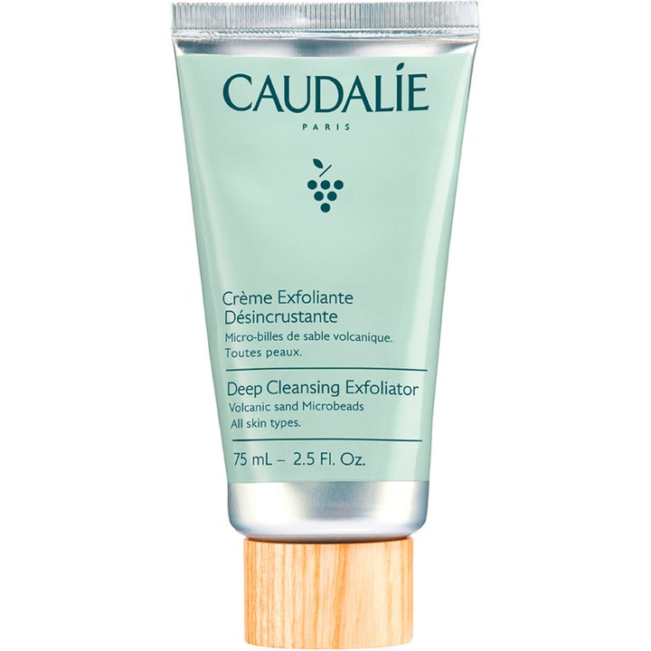 Caudalie Deep Cleansing Exfoliator 75 ml dybderensende ansigtsscrub med vulkansk sand i mintgrøn tube med trælåg