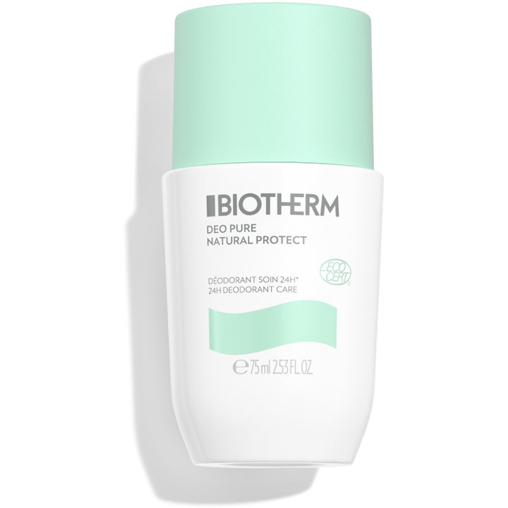 Biotherm Deo Pure Ecocert Roll-On 75 ml giver 24 timers beskyttelse i en hvid flaske med mintgrønt låg.