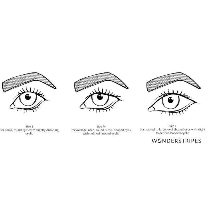 Wonderstripes The Instant Eye Lift Small 64 stk øjenlågstape mod tunge øjenlåg med illustration af størrelsesguide
