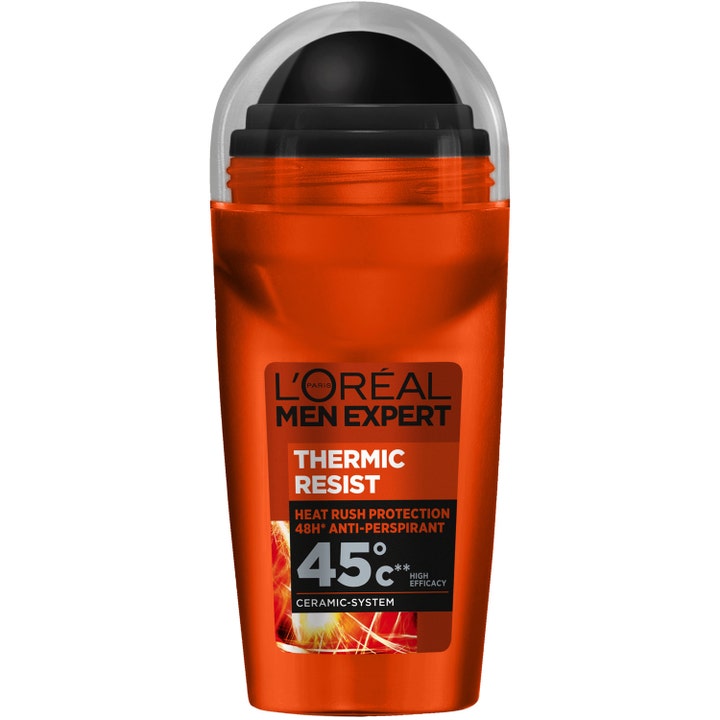 L'Oréal Men Expert Thermic Resist roll-on antiperspirant mod sved i orange emballage med stor sort kugle og klart låg.