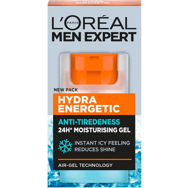 L'Oréal Paris Men Expert Hydra Energetic 50 ml fugtgivende gel mod træthedstegn i lyseblå æske med orange pumpe