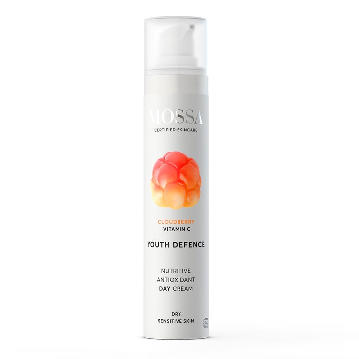 Mossa Youth Defence Nutritive Antioxidant Day Cream 50 ml i hvid pumpeflaske med multebær og C-vitamin