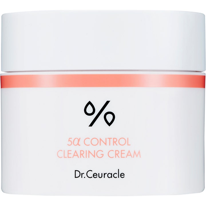 Dr. Ceuracle 5α Control Clearing Cream balancerende ansigtscreme i en hvid krukke med ferskenfarvet bånd