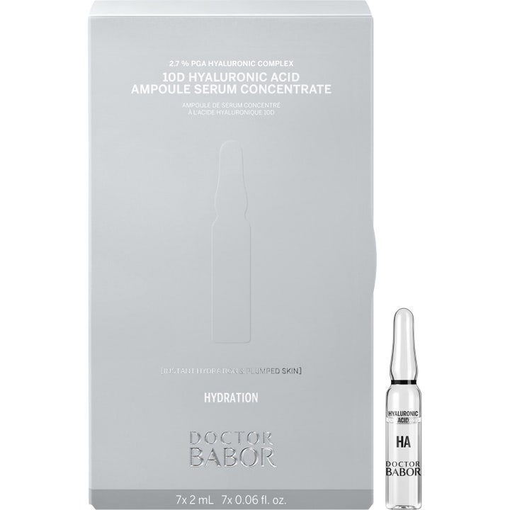 Babor Hyaluronic Acid Serum 14 ml fugtgivende hyaluronsyraserum i åben grå æske med syv glasampuller og instruktioner.