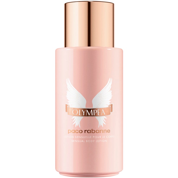 Paco Rabanne Olympēa Body Lotion giver silkeblød hud i en lyserød flaske med hvide vinger og rosaguld låg.
