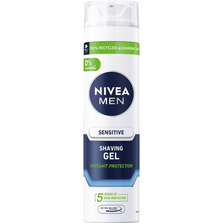 Nivea Men Sensitive Shaving Gel 200 ml beskytter mod irritation i en hvid aluminiumsdåse med blå detaljer og gennemsigtigt låg.