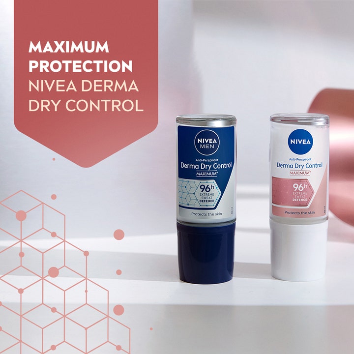 NIVEA Derma Dry Maximum Protection 50 ml deodorant mod sved vist som to roll-on flasker til mænd og kvinder.