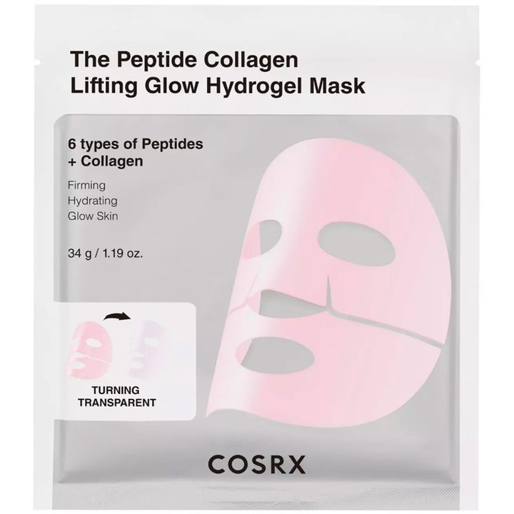 COSRX The Peptide Collagen Lifting Glow Hydrogel Mask 34 g opstrammende ansigtsmaske i hvid sachet med lyserød hydrogel