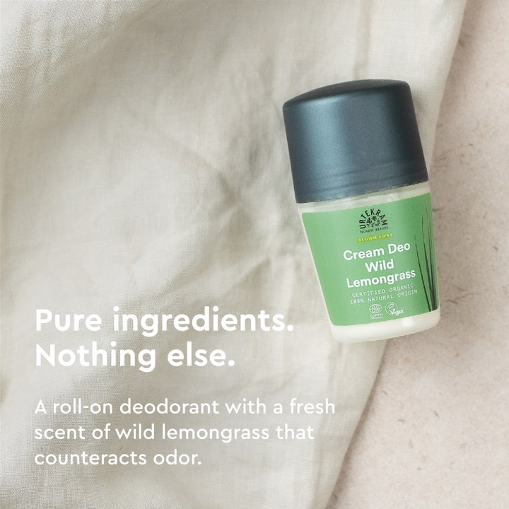 Urtekram Wild Lemongrass Deo 50 ml forfriskende roll-on deodorant mod lugt vist på lyst tekstureret hør