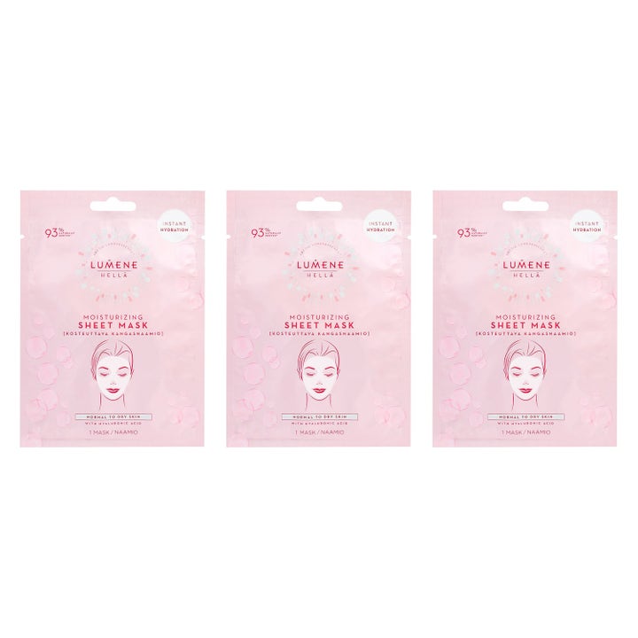 Lumene Hellä Moisturizing Sheet Mask 1 stk fugtgivende ansigtsmaske i lyserøde breve med hyaluronsyre og bobler