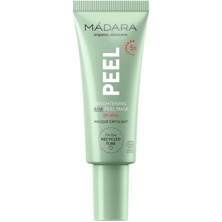 Mádara Brightening AHA Peel Mask 60 ml eksfolierende ansigtsmaske i mintgrøn tube der giver huden glød.