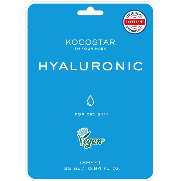 Kocostar Hyaluronic I'm Your Mask 25 ml fugtgivende ansigtsmaske i blå emballage med hvid tekst og vegansk logo.