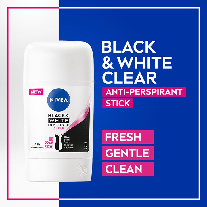 NIVEA Black & White Anti-Perspirant Stick 50 ml hvid deodorantstift med tekst mod svedpletter og lugt