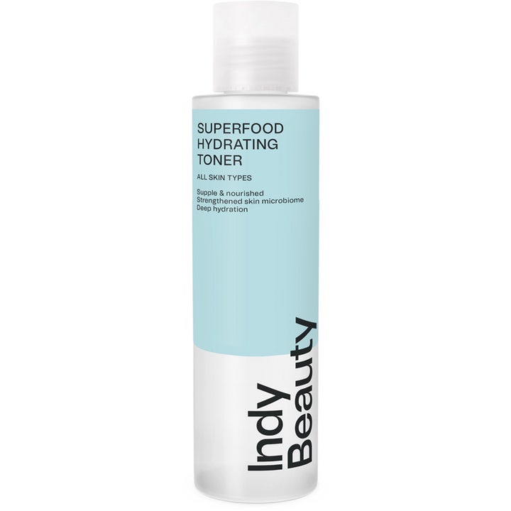 Indy Beauty Superfood Hydrating Toner 150 ml fugtgivende ansigtstoner i frostet flaske med lyseblå etiket