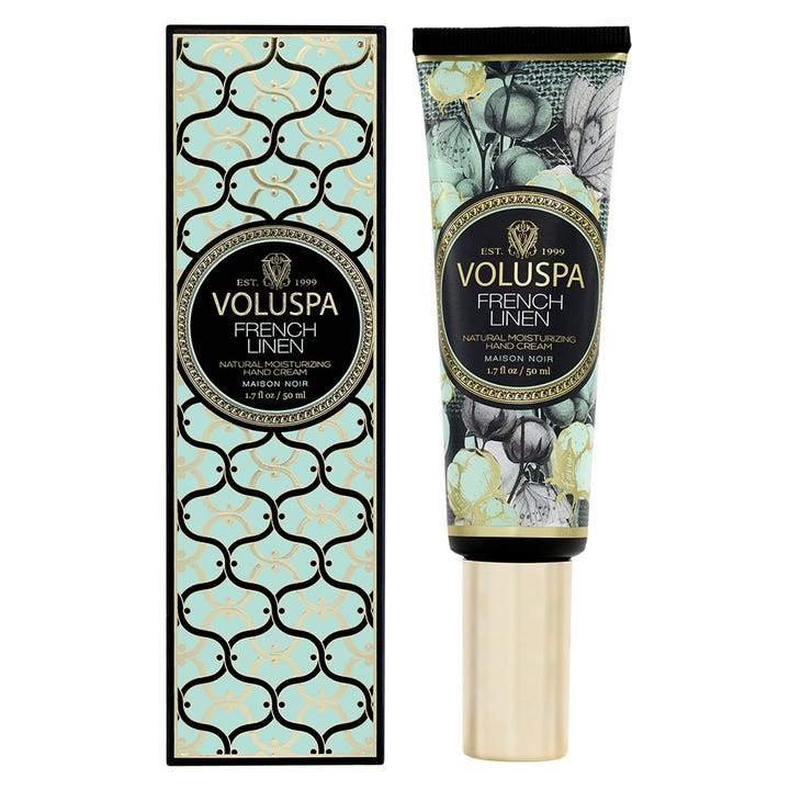 Voluspa French Linen 50 ml blødgørende håndcreme i mønstret tube med guldhætte og dekorativ blå æske.