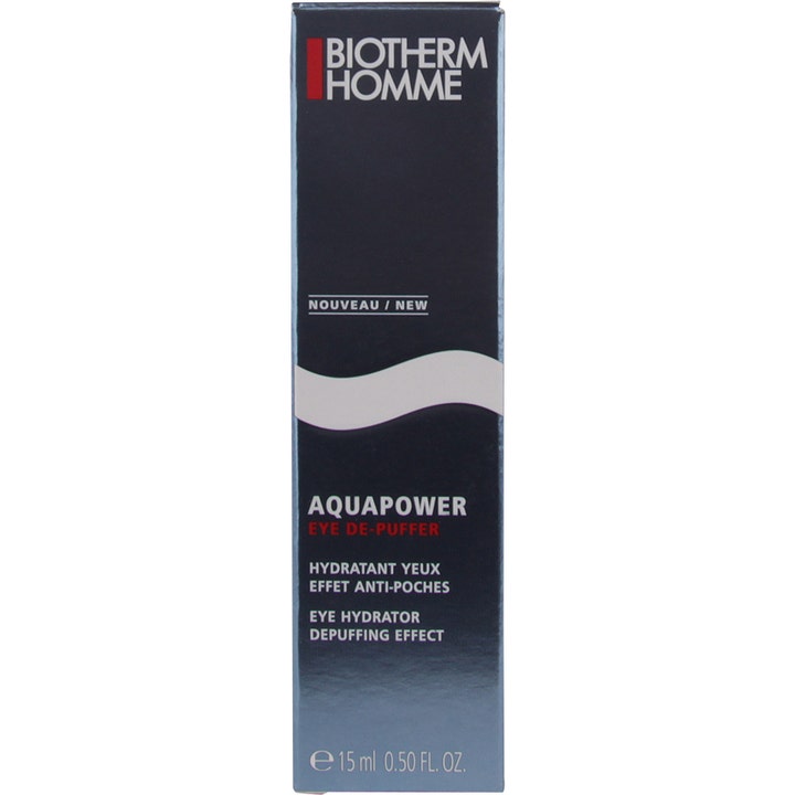 Biotherm Homme Aquapower Eye De-Puffer 15 ml fugtgivende øjencreme i en mørkeblå æske med hvid bølge