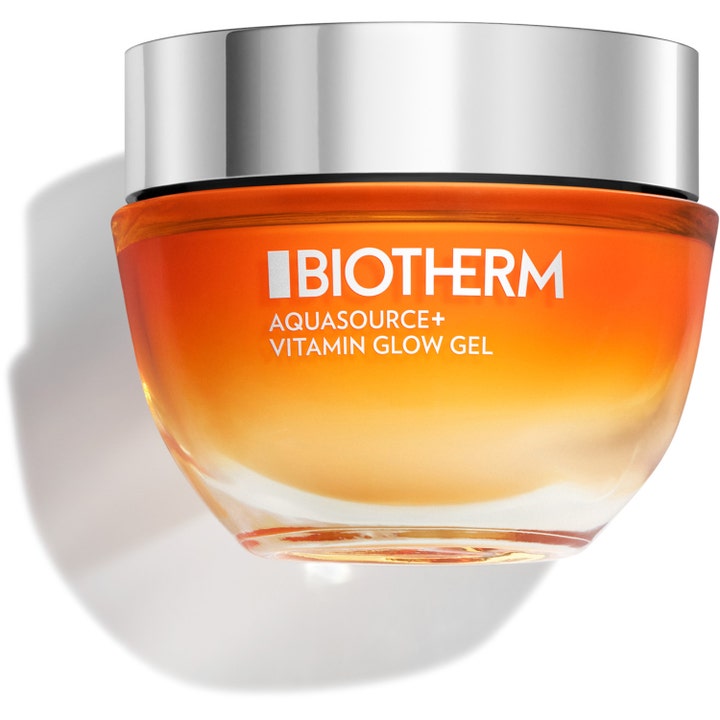 Biotherm Aquasource Vitamin Glow Gel fugtgivende ansigtscreme i orange glaskrukke med sølvlåg giver glød