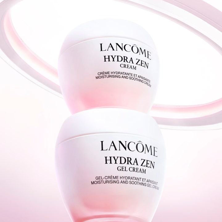 Lancôme Hydra Zen Gel Cream 30 ml beroligende dagcreme i hvide krukker med lyserød bund og et futuristisk lys
