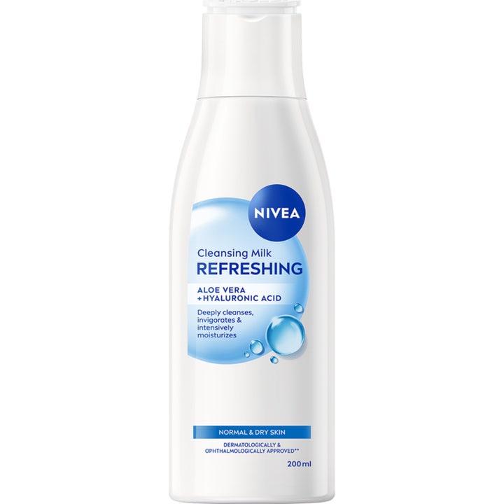 Nivea Refreshing Cleansing Milk 200 ml fugtgivende ansigtsrens med aloe vera i hvid plastflaske med blå detaljer