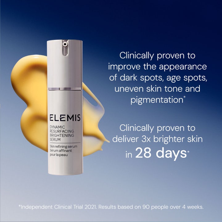 Elemis Dynamic Resurfacing Super-C Serum 30 ml lysnende serum mod pigmentpletter i hvid pumpeflaske med gul tekstur