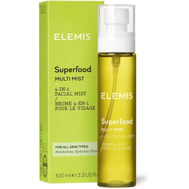 Elemis Superfood Multi Mist 100 ml fugtgivende ansigtsspray i grøn glasflaske med hvidt låg og æske