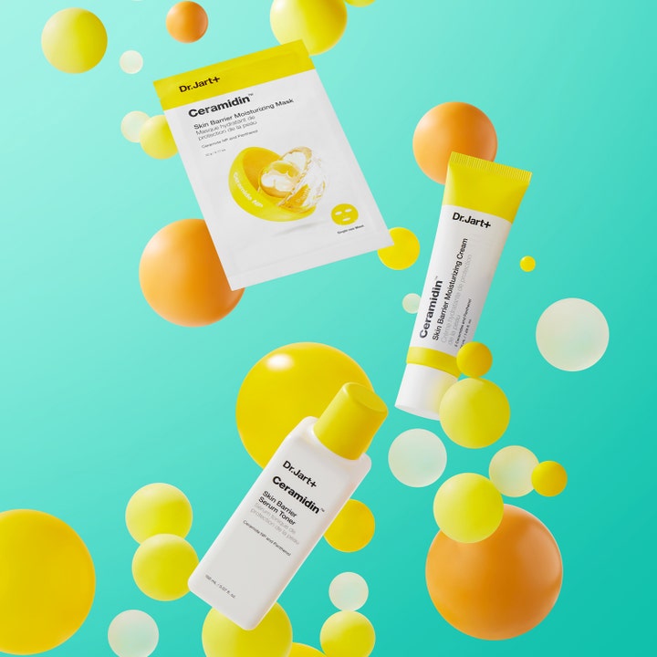 Dr.Jart+ Ceramidin Skin Barrier Moisturizing Mask 22 g ansigtsmaske med Ceramide NP og gule svævende cirkler