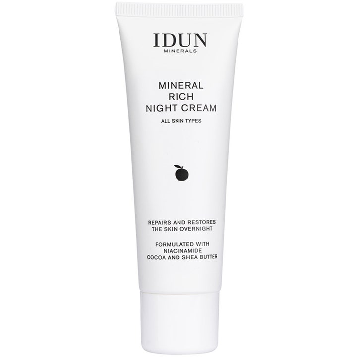 IDUN Minerals Mineral Rich Night Cream fugtgivende natcreme med niacinamid i hvid tube med sort tekst