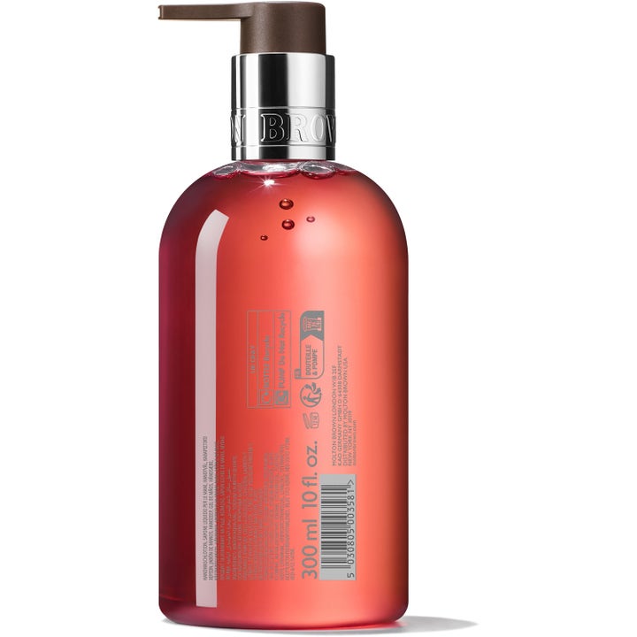 Molton Brown Heavenly Gingerlily Fine Liquid Hand Wash 300 ml velduftende håndsæbe i klar flaske med koralrød gel og sølvpumpe