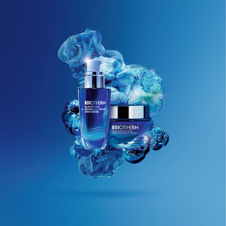 Biotherm Blue Retinol Serum Night 30 ml hudfornyende serum og creme i blå glasbeholdere mod blå vandbobler