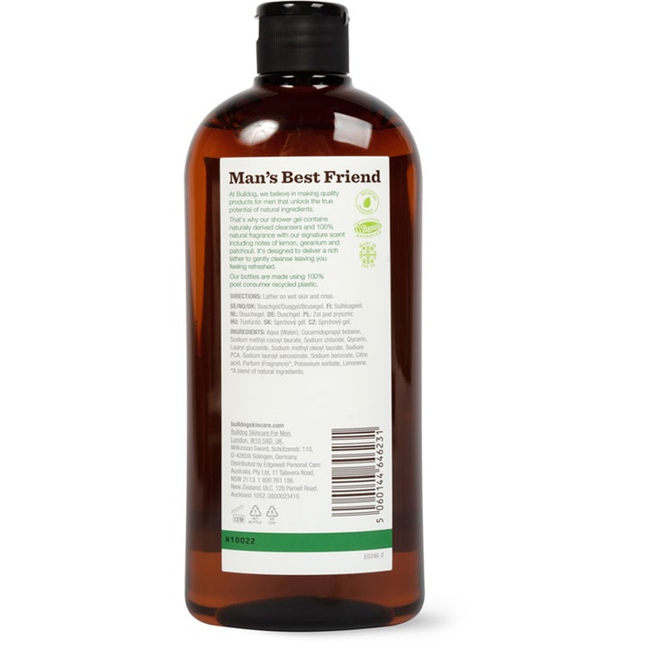 Bulldog Shower Gel Original 500 ml opfriskende showergel bagside af brun plastflaske med hvid label og ingrediensliste.