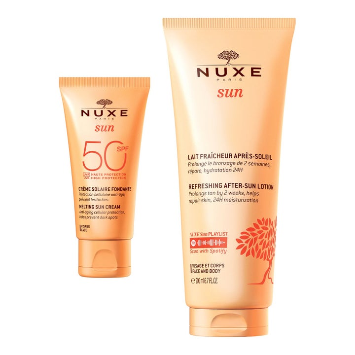 Nuxe Sun set med After-Sun Lotion 200 ml og Melting Cream SPF 50 i gyldne tuber der beskytter og beroliger huden