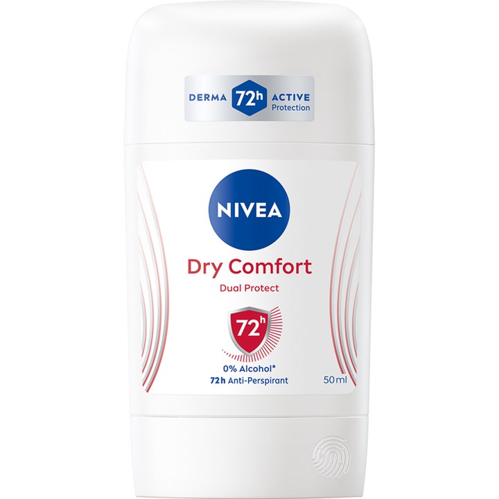 Nivea Dry Comfort 50 ml anti-perspirant stick der giver tørre armhuler i en hvid hylse med blåt og rødt logo