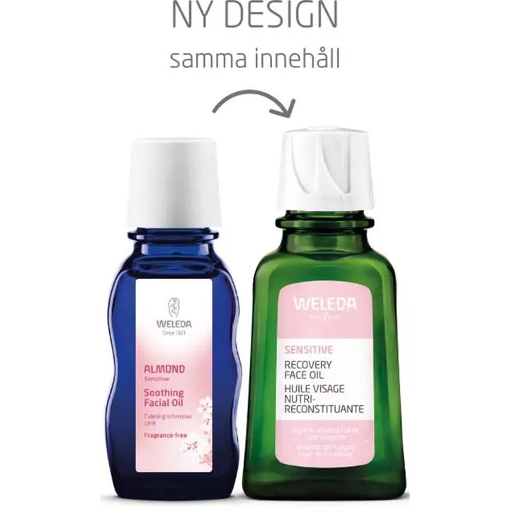 Weleda Sensitive Recovery Face Oil 50 ml beroligende ansigtsolie i nyt grønt design sammenlignet med det gamle blå