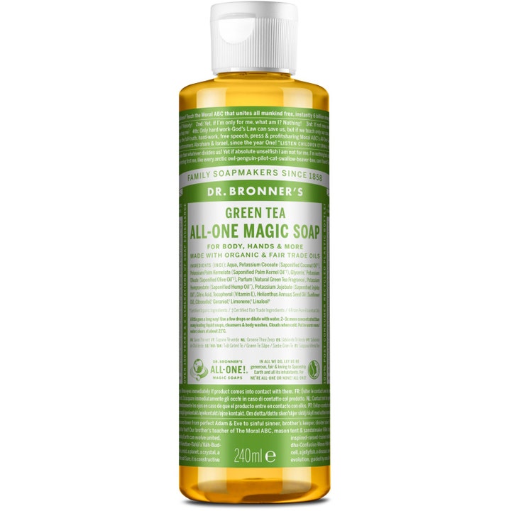 Dr. Bronner's Green Tea All-One Magic Soap 240ml opfriskende sæbe i plastflaske med grøn etiket og hvidt vippelåg
